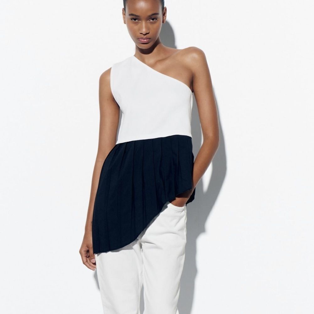 Zara monochrome black and white asymmetric top with fabric pleated hem NWT